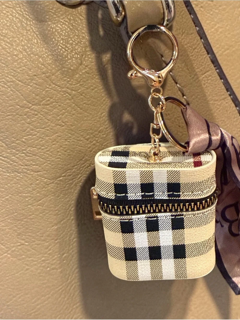 Keychain Backpack Charm Mini Bag Small Lipstick Pouch Plaid W Silk Like Scarf